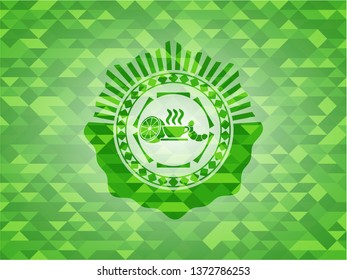breakfast  icon inside green emblem with mosaic ecological style background