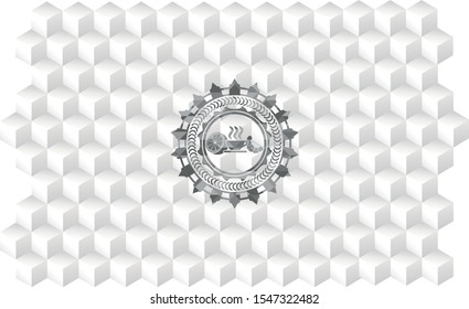 breakfast  icon inside grey badge with geometric cube white background