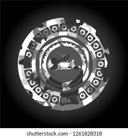 breakfast  icon inside grey camouflage emblem