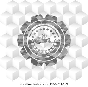 breakfast  icon inside grey emblem with geometric cube white background