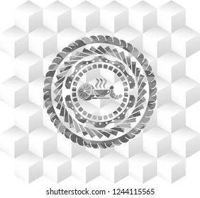 breakfast  icon inside grey emblem with geometric cube white background