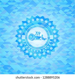 breakfast  icon inside light blue emblem. Mosaic background