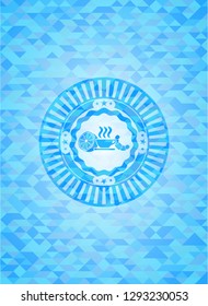 breakfast  icon inside light blue emblem with triangle mosaic background