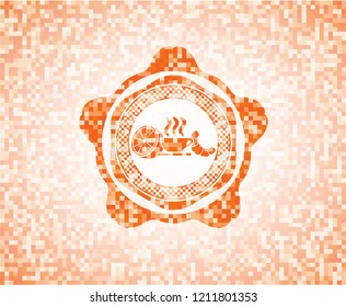 breakfast  icon inside orange tile background illustration. Square geometric mosaic seamless pattern with emblem inside.