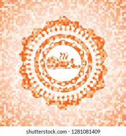 breakfast  icon inside orange tile background illustration. Square geometric mosaic seamless pattern with emblem inside.