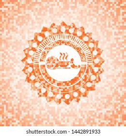 breakfast  icon inside orange tile background illustration. Square geometric mosaic seamless pattern with emblem inside.