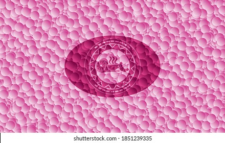 icono del desayuno dentro del emblema rosa con fondo de burbujas. Ilustración vectorial. Detallado. 