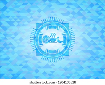 breakfast  icon inside realistic light blue emblem. Mosaic background