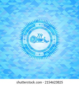 icono del desayuno dentro de un emblema azul claro realista. Fondo mosaico. 