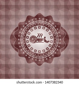 breakfast  icon inside red badge with geometric pattern background. Seamless.