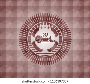 breakfast  icon inside red emblem with geometric pattern background. Seamless.