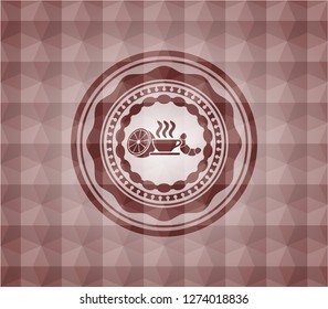 breakfast  icon inside red emblem or badge with abstract geometric pattern background. Seamless.