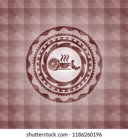 breakfast  icon inside red seamless emblem or badge with abstract geometric polygonal pattern background.