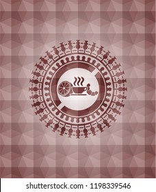 breakfast  icon inside red seamless emblem or badge with geometric pattern background.