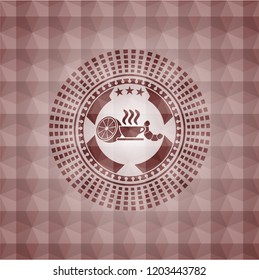 breakfast  icon inside red seamless emblem or badge with abstract geometric pattern background.