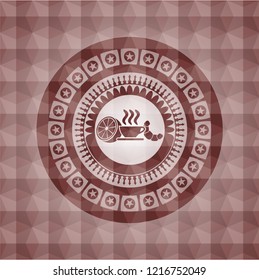 breakfast  icon inside red seamless badge with geometric pattern.