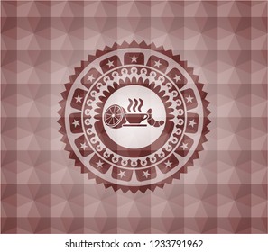 breakfast  icon inside red seamless emblem with geometric pattern.