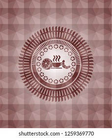 breakfast  icon inside red seamless emblem or badge with geometric pattern background.