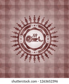 breakfast  icon inside red seamless emblem or badge with abstract geometric polygonal pattern background.