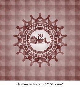 breakfast  icon inside red seamless emblem or badge with abstract geometric polygonal pattern background.