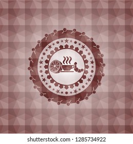 breakfast  icon inside red seamless emblem or badge with abstract geometric polygonal pattern background.