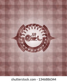 breakfast  icon inside red seamless emblem or badge with abstract geometric polygonal pattern background.