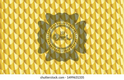 breakfast  icon inside shiny golden emblem. Scales pattern. Vector Illustration. Detailed.