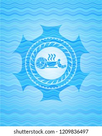 breakfast  icon inside sky blue water wave badge.