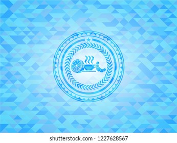breakfast  icon inside sky blue emblem. Mosaic background