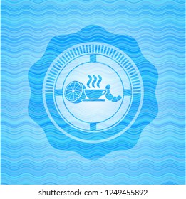 breakfast  icon inside sky blue water wave badge background.