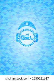 breakfast  icon inside sky blue emblem. Mosaic background