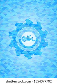breakfast  icon inside sky blue emblem with triangle mosaic background