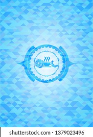 breakfast  icon inside sky blue emblem with mosaic background