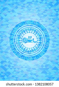 breakfast  icon inside sky blue emblem with mosaic ecological style background