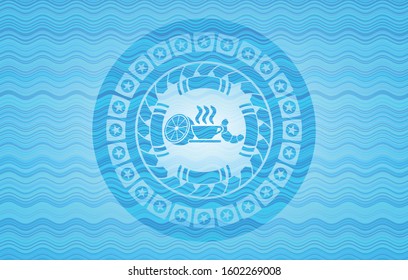 breakfast  icon inside sky blue water wave emblem background.