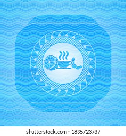 breakfast  icon inside sky blue water wave style badge. 