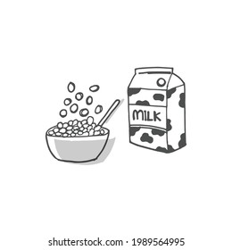 breakfast icon isolated on white background. milk box with cereal in the bowl with spoon illustration. hand drawn vector. doodle art for logo, label, poster, banner, advertising, coloring, branding. 