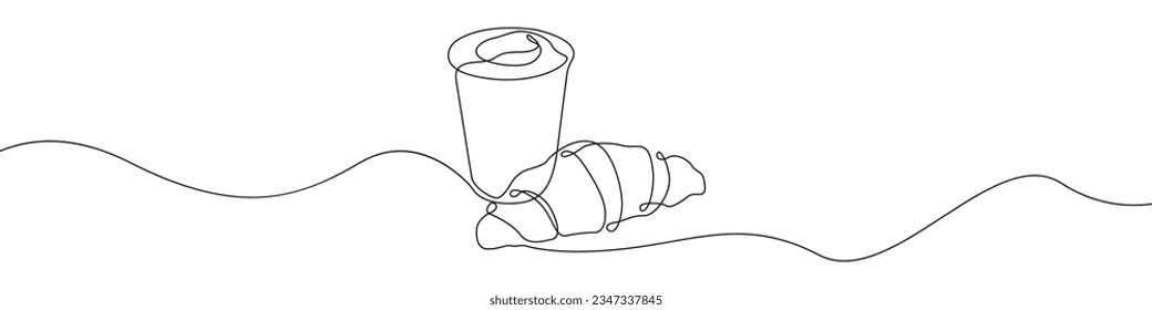 Breakfast icon line continuous drawing vector. One line Coffee with a croissant icon vector background. Milk, egg, croissant, apple, breakfast icon. Continuous outline of a Tea party icon.
