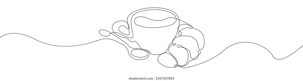 Vector de dibujo continuo de la línea de iconos del desayuno. Café de una línea con fondo vectorial de icono de croissant. Leche, huevo, croissant, manzana, icono del desayuno. Esquema continuo de un icono de un Tea party.