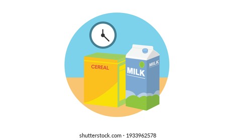 Breakfast icon with a milk box or carton, a clock and a cereal box