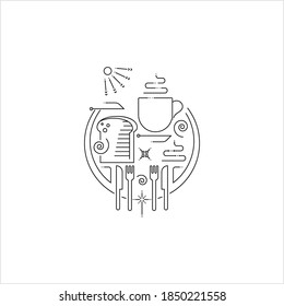 Breakfast Icon Monoline Style, Coffee Cup, Toast, Bread, Single Stroke Width Vector Art Illustration