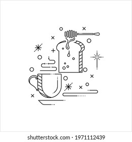 Breakfast Icon Monoline Style, Coffee Cup, Toast, Bread, Honey Dipper Single Stroke Width Vector Art Illustration