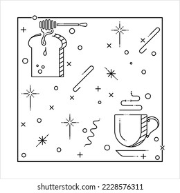 Breakfast Icon Monoline Style, Coffee Cup, Toast, Bread, Honey Dipper Single Stroke Width Vector Art Illustration, Monoline Style, Single Stroke Width