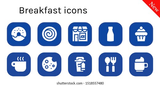 breakfast icon set. 10 filled breakfast icons.  Collection Of - Donut, Cinnamon roll, Coffee shop, Milk, Muffin, Coffee cup, Cookie, Spoon, Cup icons