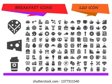 breakfast icon set. 120 filled breakfast icons.  Collection Of - Cheese, Coffee, Taco, Diary product, Eggs, Spoons, Pot, Tea, Food, Sandwich, Cup, Tea pot, Donut, Milk, Parabola