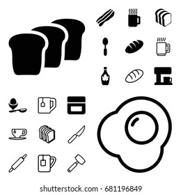 Breakfast icon. set of 20 breakfast filled and outline icons such as bread, cream, maple syrup, bread slices, boiled egg, spoon, bacon, coffee machine, mug, tea cup, dough pin