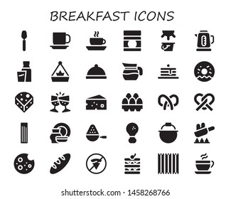 breakfast icon set. 30 filled breakfast icons.  Simple modern icons about  - Spoon, Cup, Coffee, Baby food, Milk, Kettle, Pot, Dinner, Jug, Pancakes, Doughnut, Cheese, Toast, Eggs
