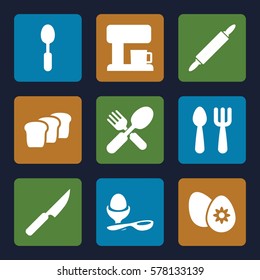 breakfast icon. Set of 9 breakfast filled icons such as fork and spoon, boiled egg, spoon, easter egg, bread, dough pin, knife