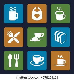 breakfast icon. Set of 9 breakfast filled icons such as baby bid, fork and spoon, bread slices, coffee and croissant, coffee cup, fork and knife, cup
