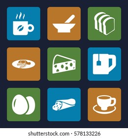 breakfast icon. Set of 9 breakfast filled icons such as bowl, egg, wrap sandwich, tea cup, bread slices, coffee cup, fried egg and bacon, coffee
